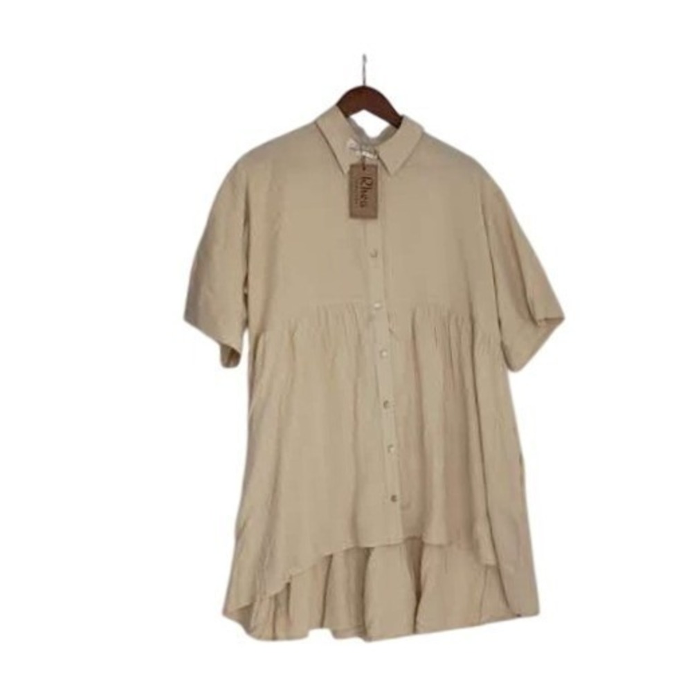 NWT RHEA Tan Tiered Babydoll Mini Dress L/XL Oversized Boho Viscose Short Sleeve - Picture 2 of 12